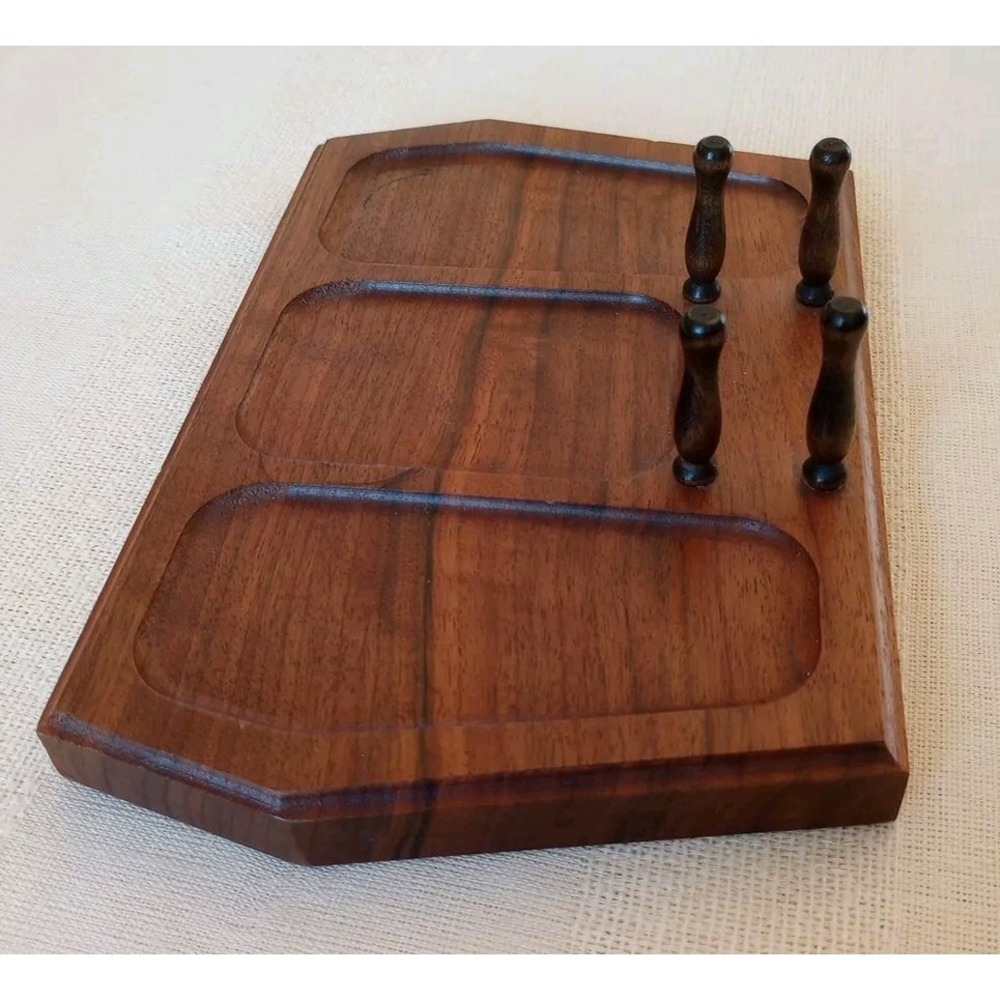 VTG American Walnut Bureau Top Valet 3 Shallow Resting Spots/4 Pegs 9" Long USA - Picture 2 of 14